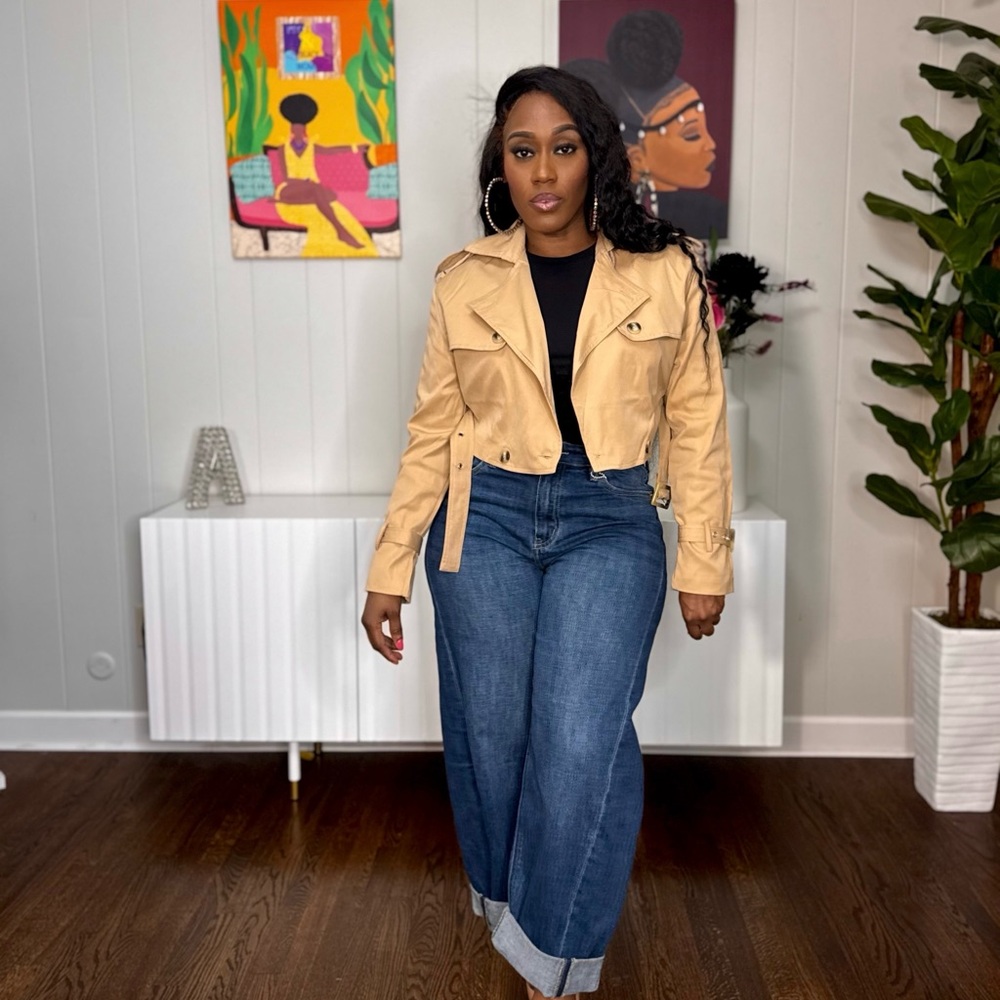 Tan Cropped Belted Trench Jacket